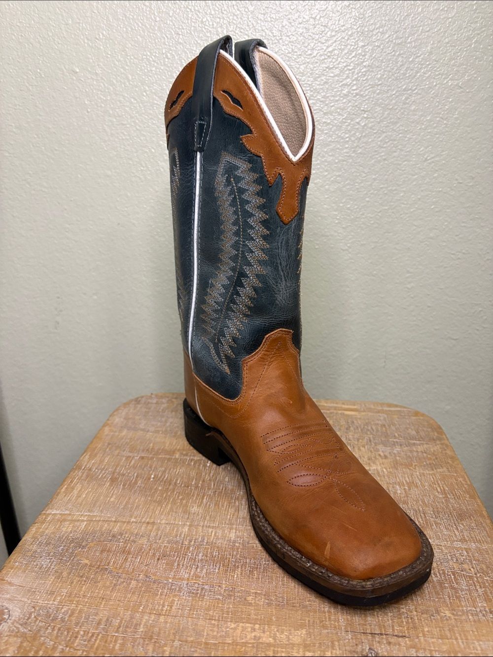 Old West Boys Two-Tone Leather Western Cowboy Boots - Brown & Green - Size 3.5 - Picture 9 of 14